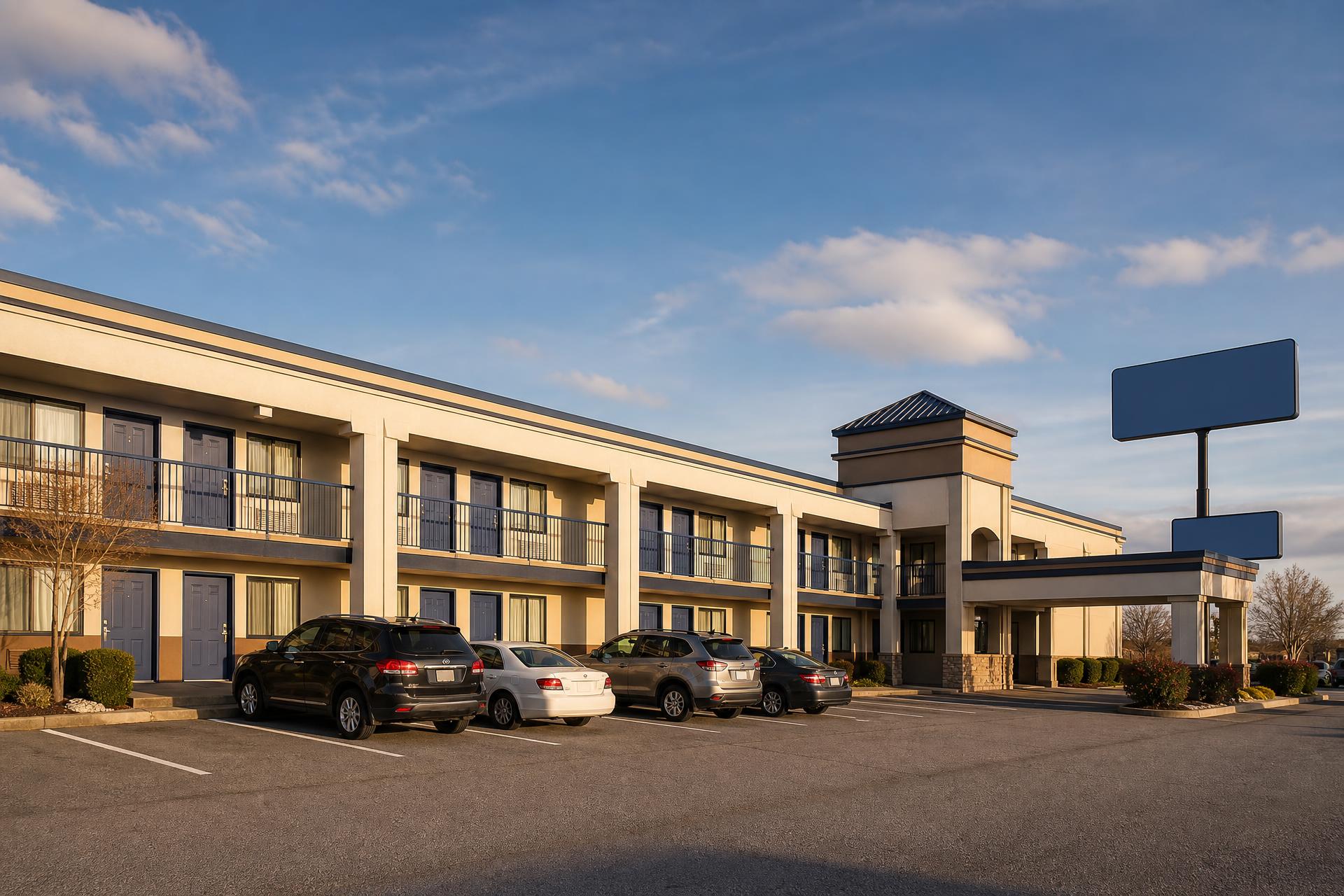 Independent midscale roadside hotel exterior at dusk